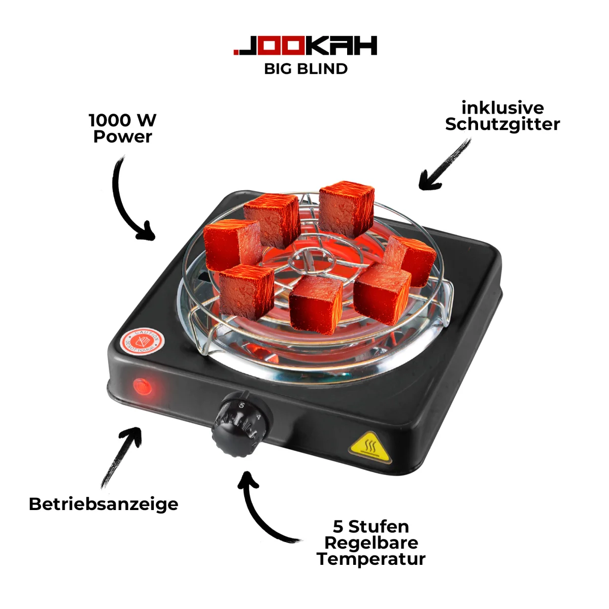 Jookah-Kohleanzuender-1000w-mit-Schutzgitter-Big-Blind